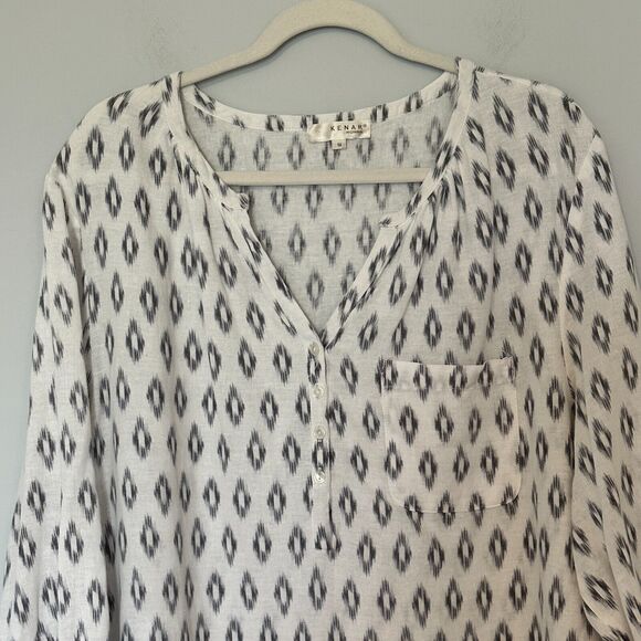 Kenar Tunic Top Woman Plus Size 1X White Geometric 1/2 Button Linen Blend Pocket - Picture 2 of 10